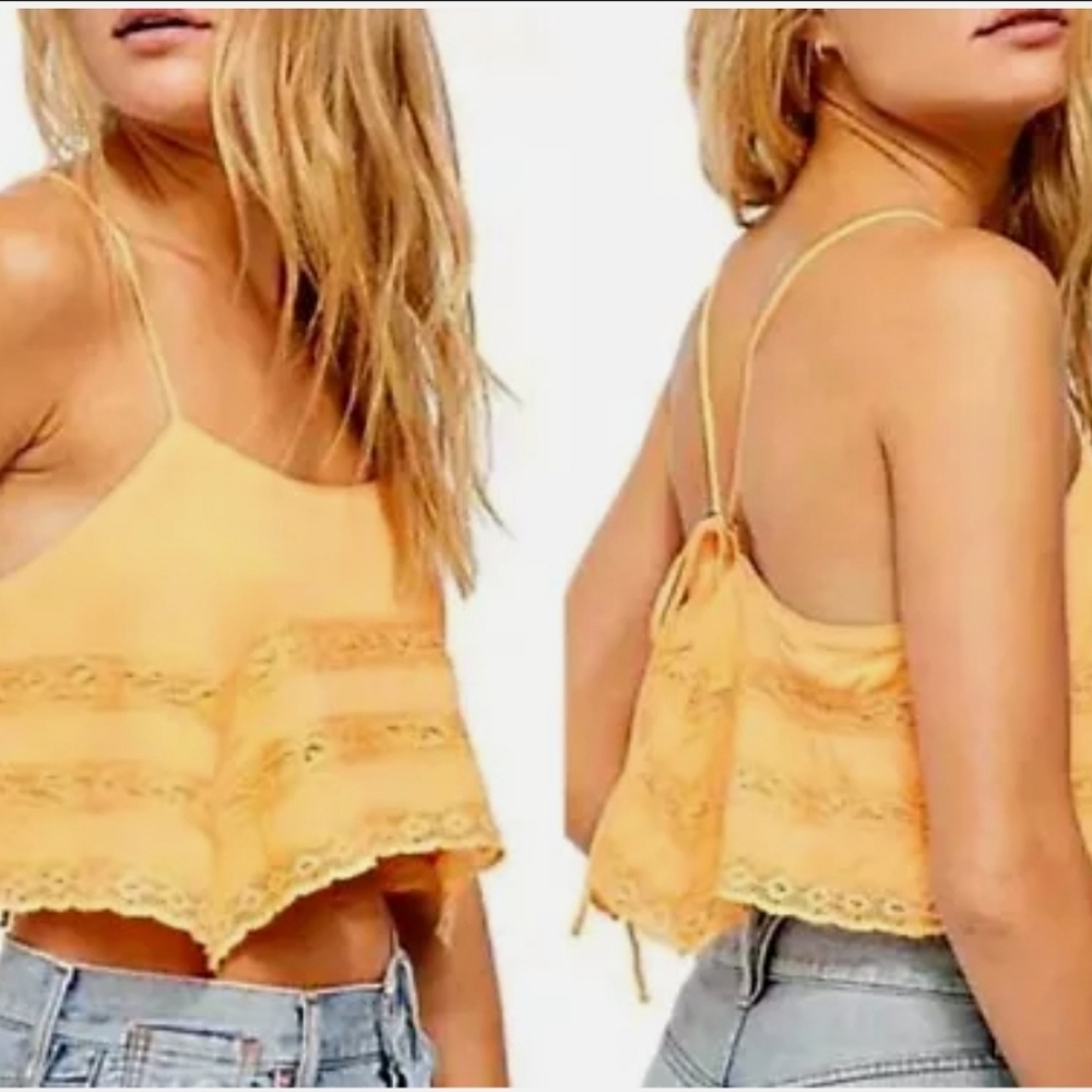 Free People Home Again Tie Back Lace Stripe Crop Cami Yellow Boho Tank Large